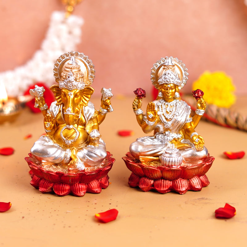 Silver and Golden Lakshmi Ganesh Resin Idol 4"