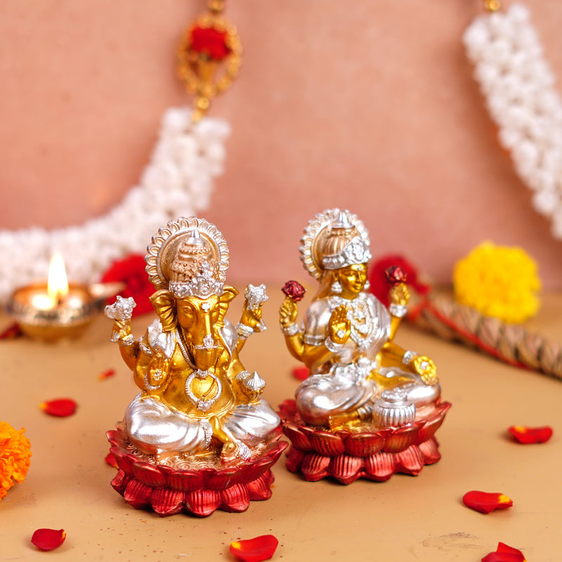 Silver and Golden Lakshmi Ganesh Resin Idol 4"