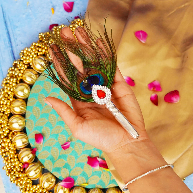 Premium Vintage Style 925 Sterling Silver with Wooden Base Mor Chhadi with Peacock Feather 2"