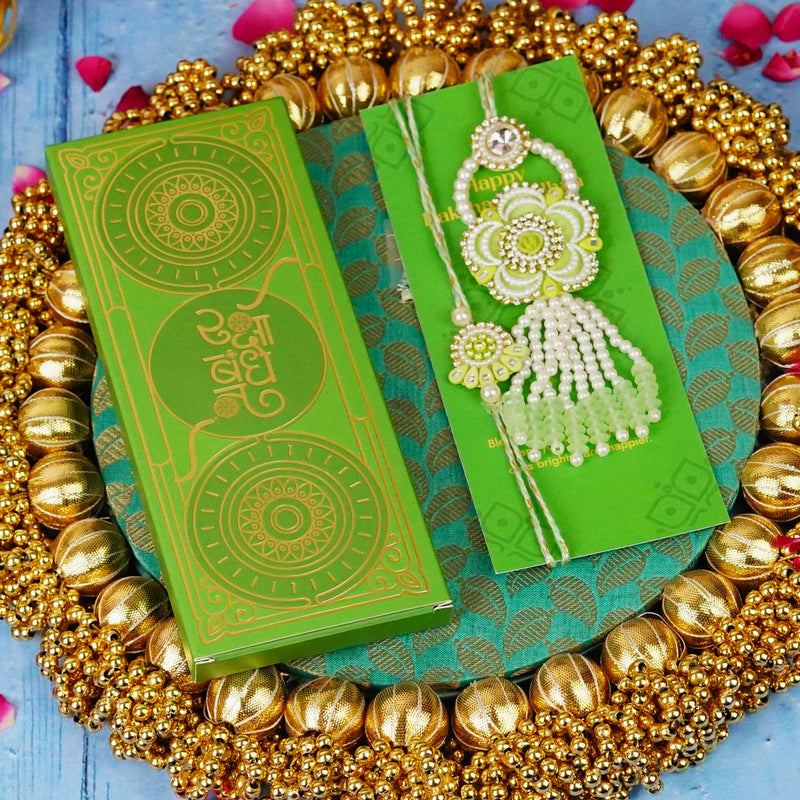 Sage Green Fancy Pearls Lumba Rakhi
