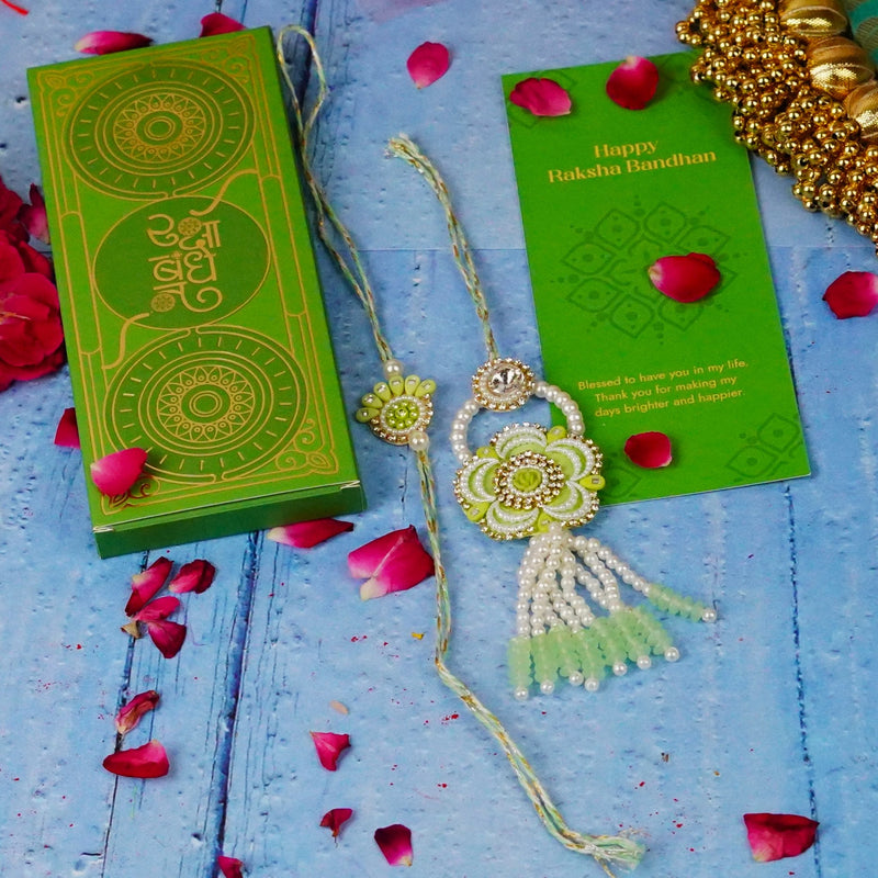 Sage Green Fancy Pearls Lumba Rakhi