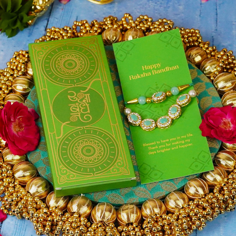 Bhaiya Bhabhi Designer Rakhi Blue Stones with Golden Chain