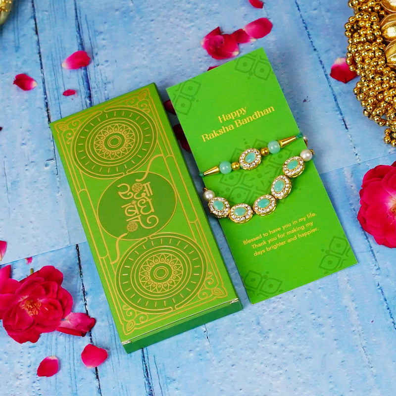 Bhaiya Bhabhi Designer Rakhi Blue Stones with Golden Chain