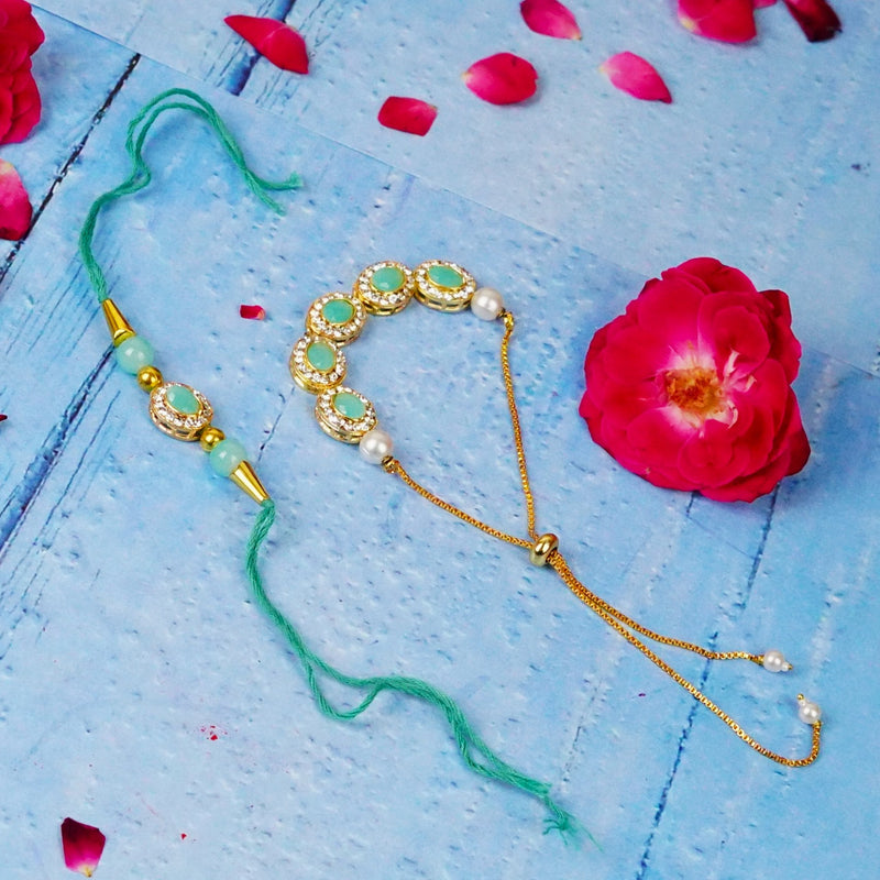 Bhaiya Bhabhi Designer Rakhi Blue Stones with Golden Chain