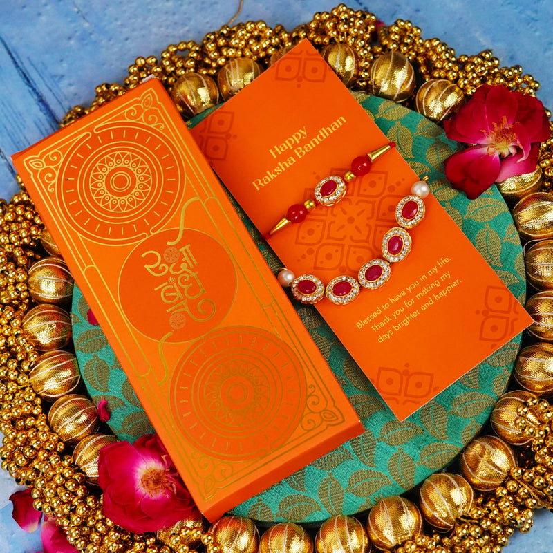 Bhaiya Bhabhi Designer Rakhi Red Stones with Golden Chain