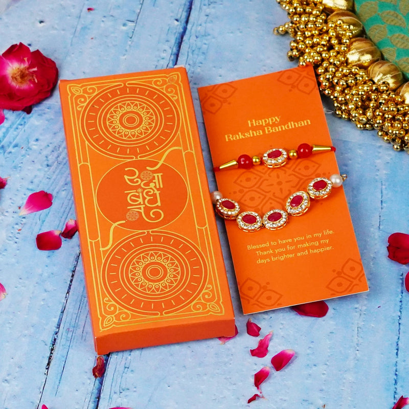 Bhaiya Bhabhi Designer Rakhi Red Stones with Golden Chain