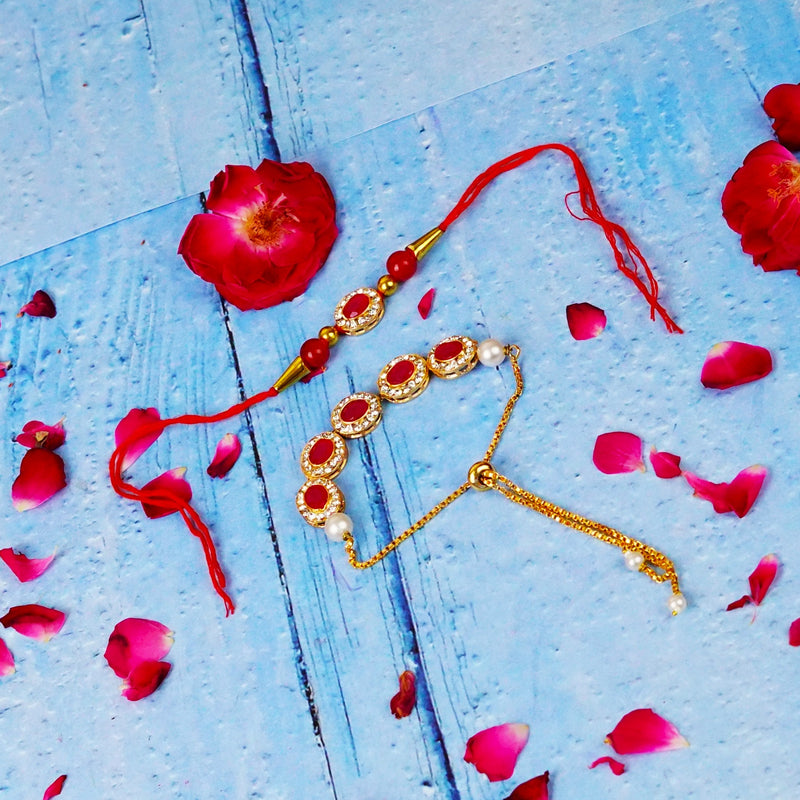 Bhaiya Bhabhi Designer Rakhi Red Stones with Golden Chain
