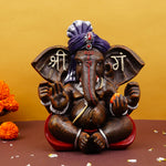 Brown Ganesha Murti with Blue Pagdi  (9 Inch) | Polyresin Idol