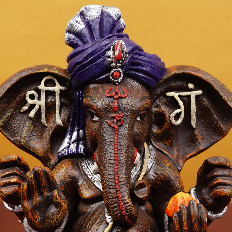 Brown Ganesha Murti with Blue Pagdi  (9 Inch) | Polyresin Idol