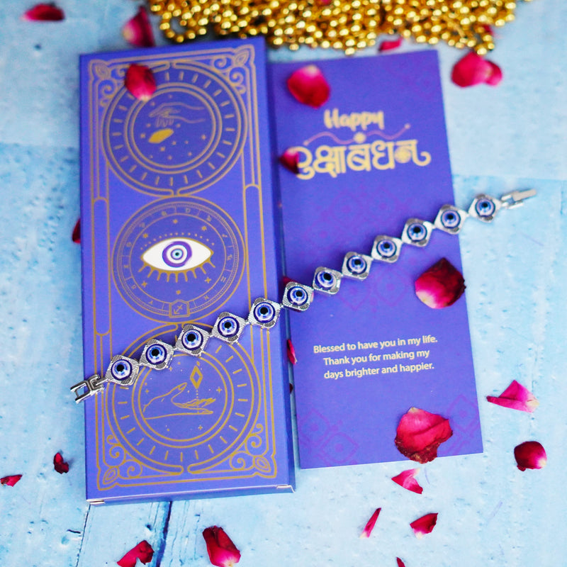 Luxurious Silver Toned Evil Eye Amulet Bracelet Chain Style Design with Blue Nazar Beads