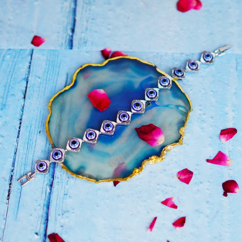 Luxurious Silver Toned Evil Eye Amulet Bracelet Chain Style Design with Blue Nazar Beads
