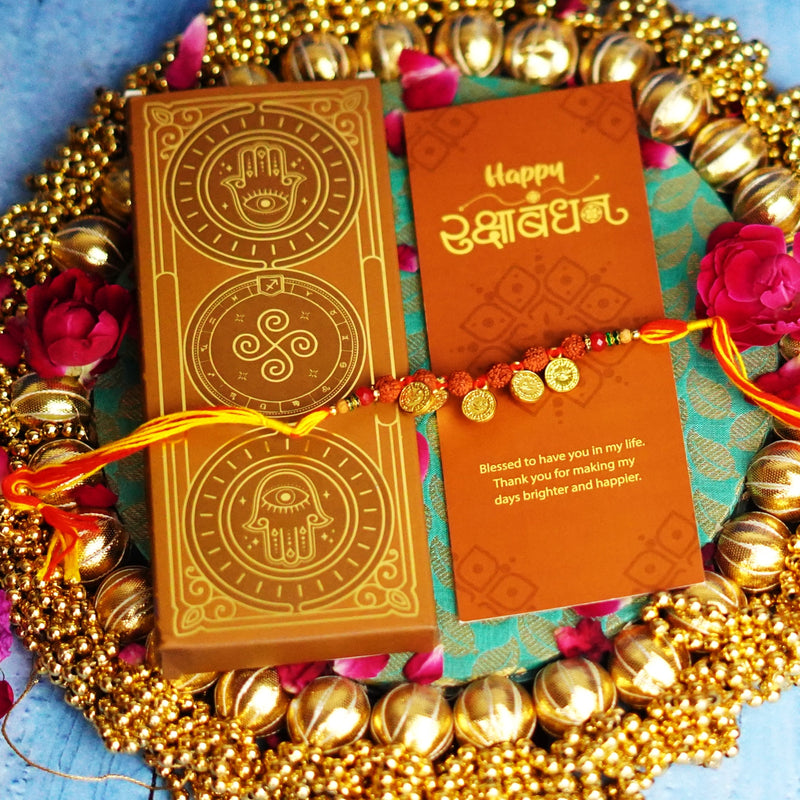Ginni Golden Coins Rudraksha Rakhi