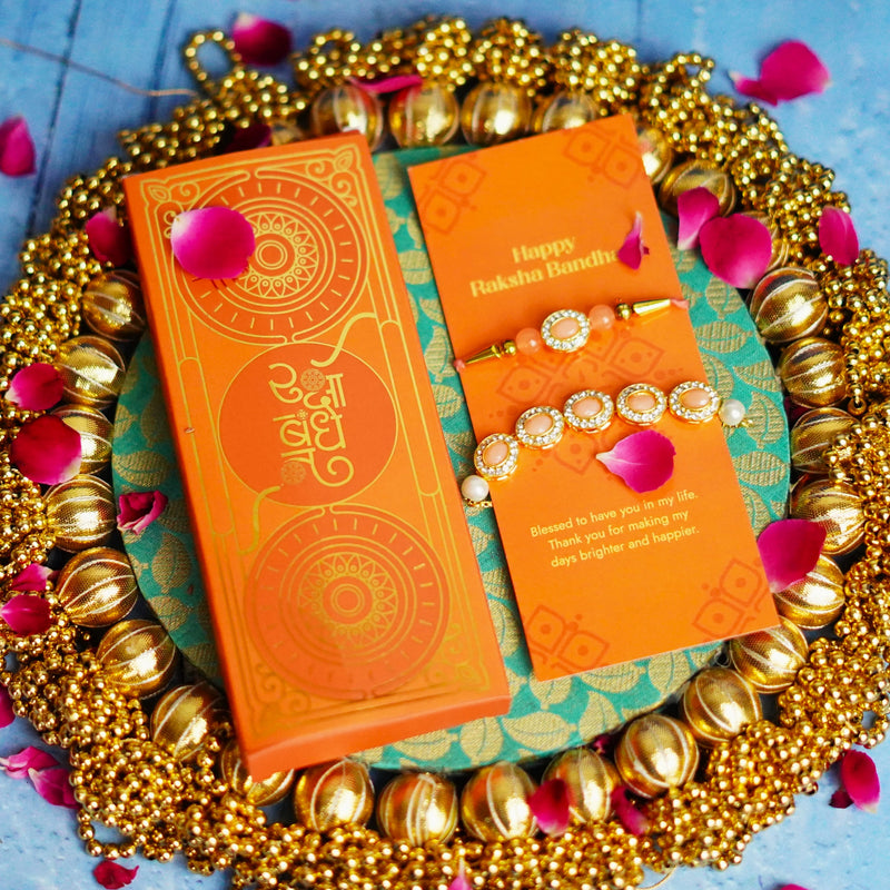 Bhaiya Bhabhi Designer Rakhi Peach Stones with Golden Chain