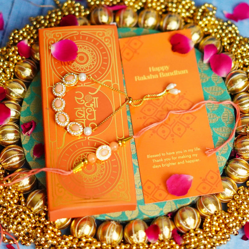 Bhaiya Bhabhi Designer Rakhi Peach Stones with Golden Chain