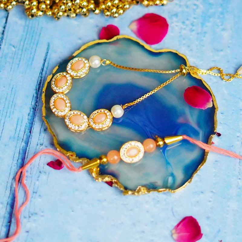 Bhaiya Bhabhi Designer Rakhi Peach Stones with Golden Chain