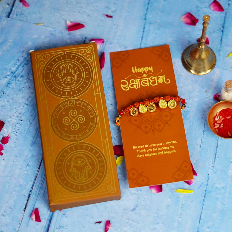 Ginni Golden Coins Rudraksha Rakhi