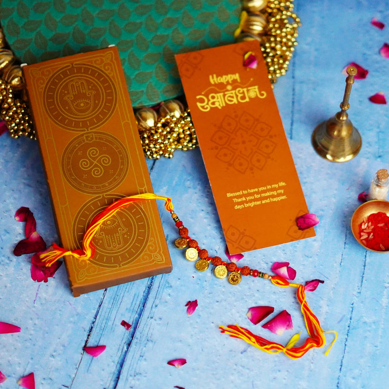 Ginni Golden Coins Rudraksha Rakhi