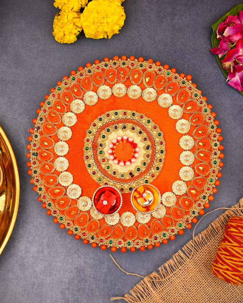 Vibrant Orange Pearls Rakhi Puja Thali | 8 Inch