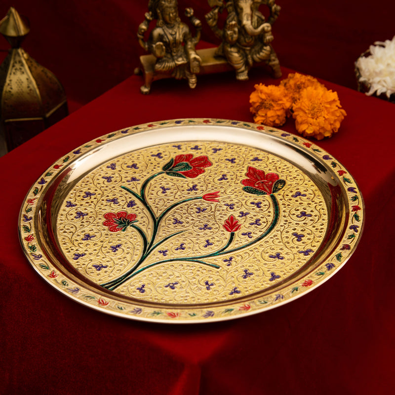 Meenakari Handwork Brass Pooja Thali Set with Intricate Floral Pattern
