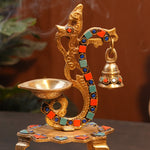 Pure Brass Diya with Colourful Stone Work 9"