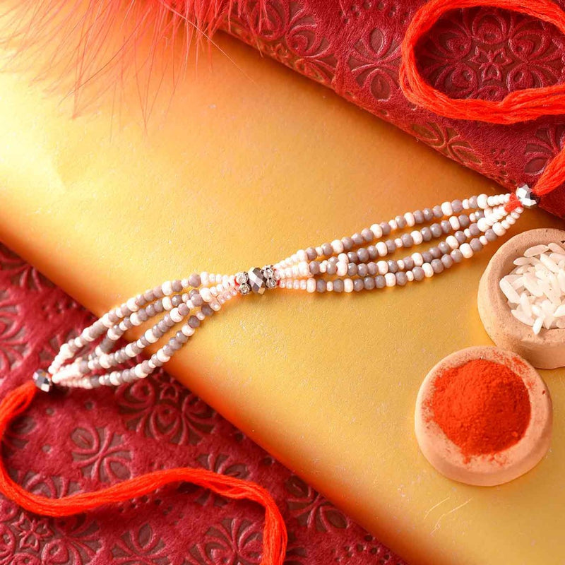 Fancy White and Grey Multistrand Beads Rakhi Thread