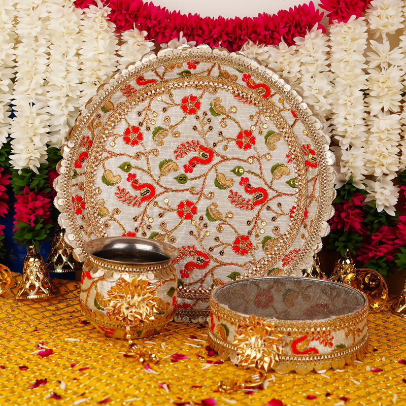 Multicoloured Floral Karwa Chauth Thali Set with Vibrant Birds Motifs