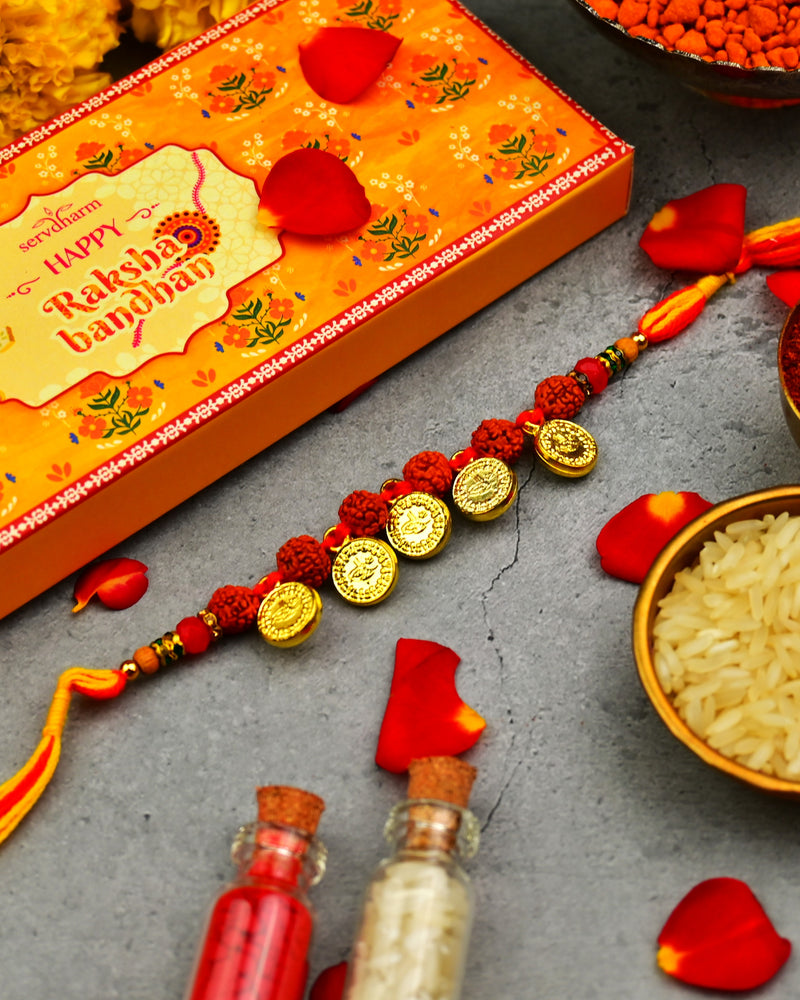 Ginni Golden Coins Rudraksha Rakhi