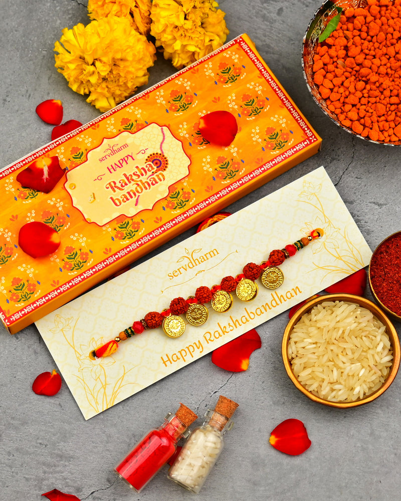 Ginni Golden Coins Rudraksha Rakhi