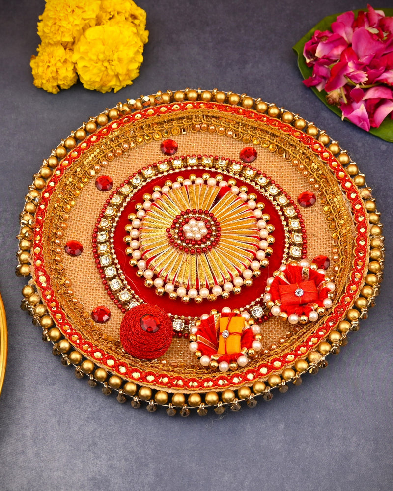 Golden & Red Decorative Rakhi Puja Thali | 8 Inch