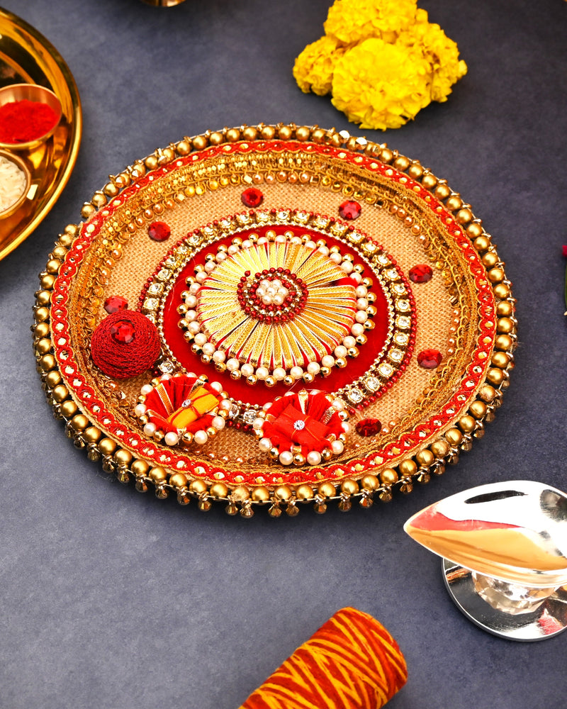 Golden & Red Decorative Rakhi Puja Thali | 8 Inch