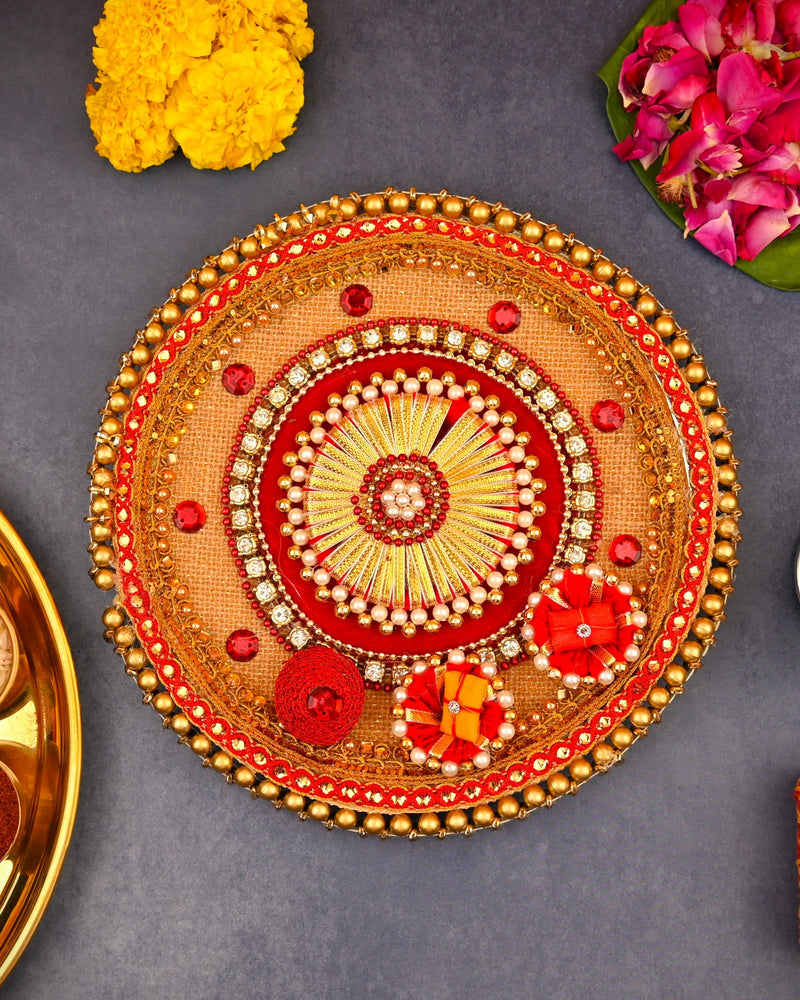 Golden & Red Decorative Rakhi Puja Thali | 8 Inch