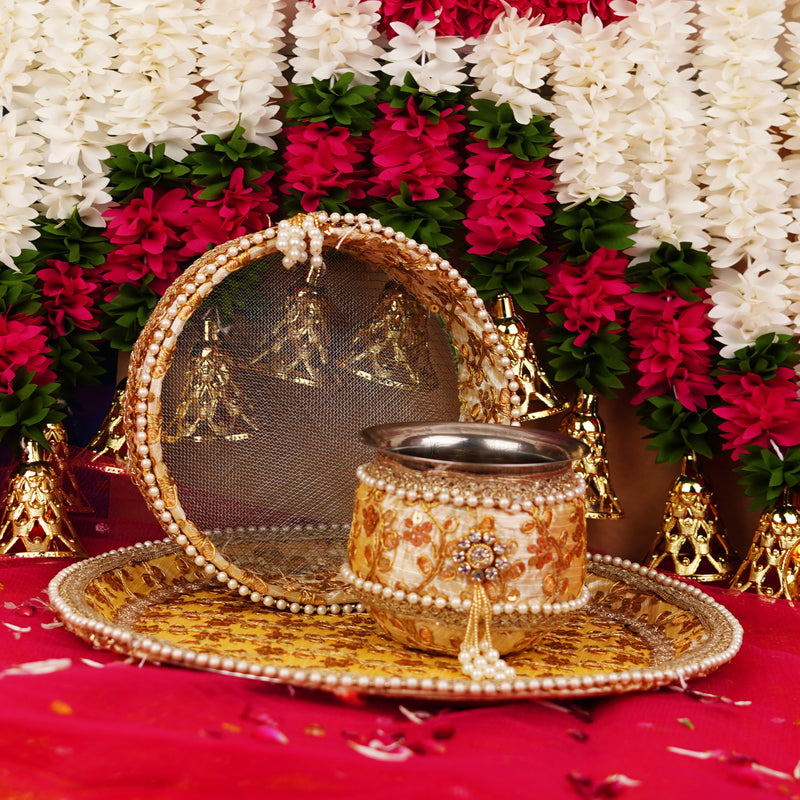 Golden Karwa Chauth Thali Set with Embroidery