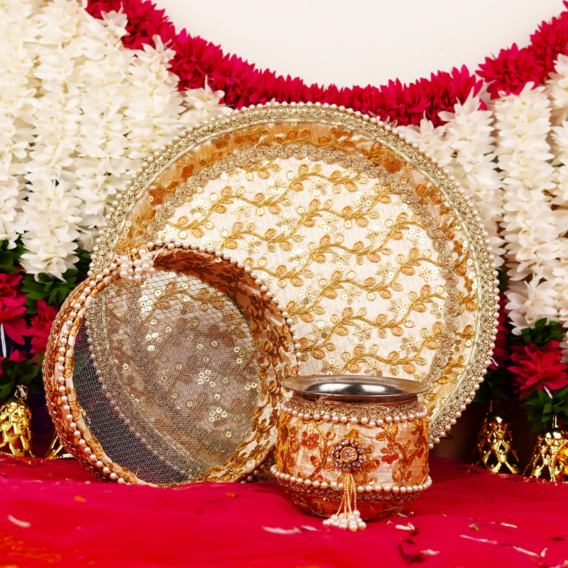 Golden Karwa Chauth Thali Set with Embroidery