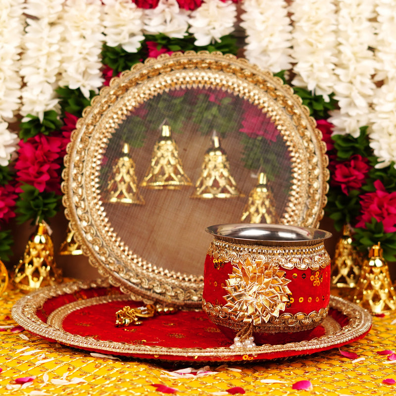 Red and Golden Floral Embroidered Karwa Chauth Thali Set