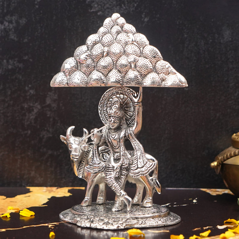 Govardhan Krishna Idol 8.5" Silver Plated