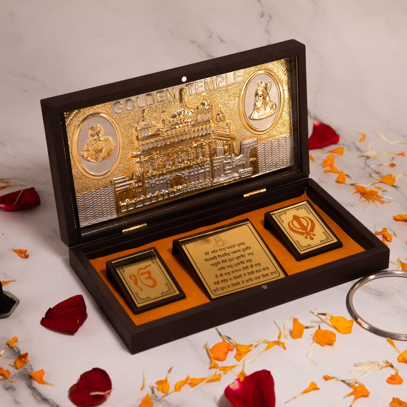 Guru Nanak Dev Ji Brown Premium Pooja Gift Box, Pooja Peti with Golden Temple