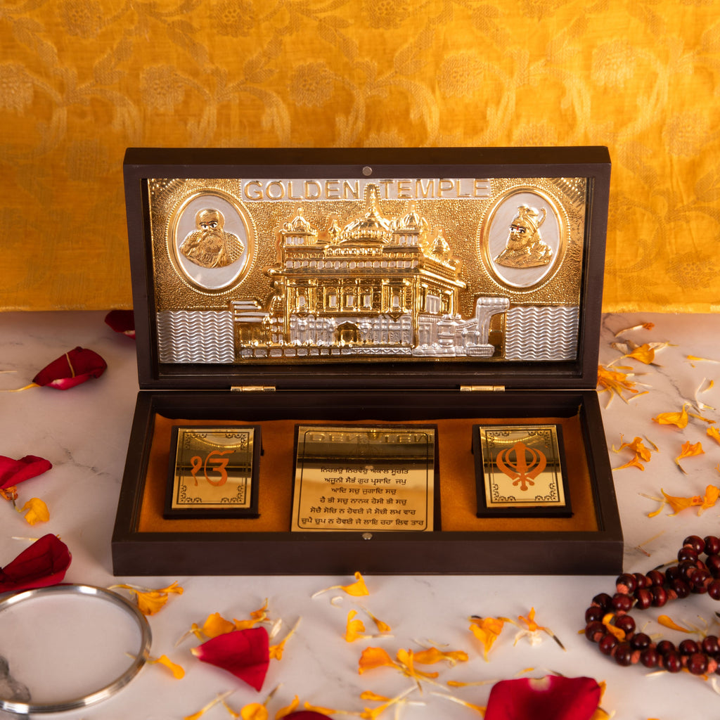 Gold Plated Waheguruji Photo Frame With Golden Temple Wooden Momento Gift |  eBay