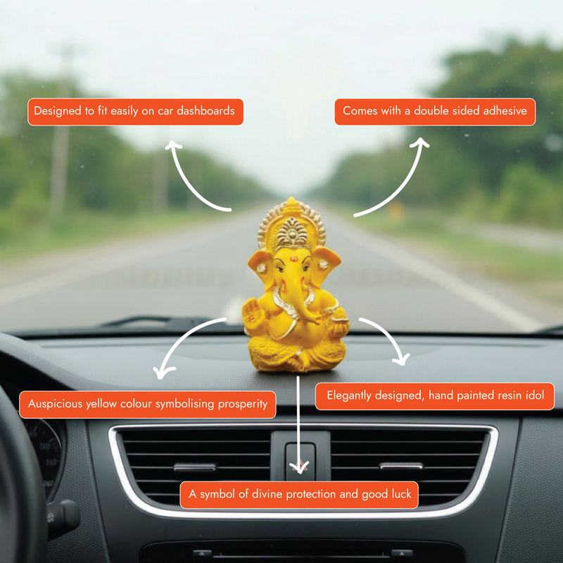 Haldi-toned Yellow Ganesha Resin Car Dashboard Idol 3.5"