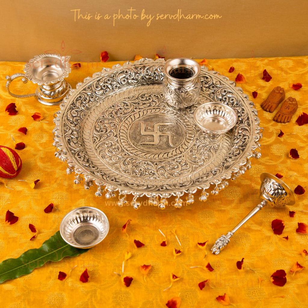 Intricately Designed Silver Plated Pooja Thali Set with Floral