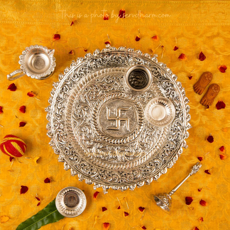 Intricately Designed Silver Plated Pooja Thali Set with Floral Patterns