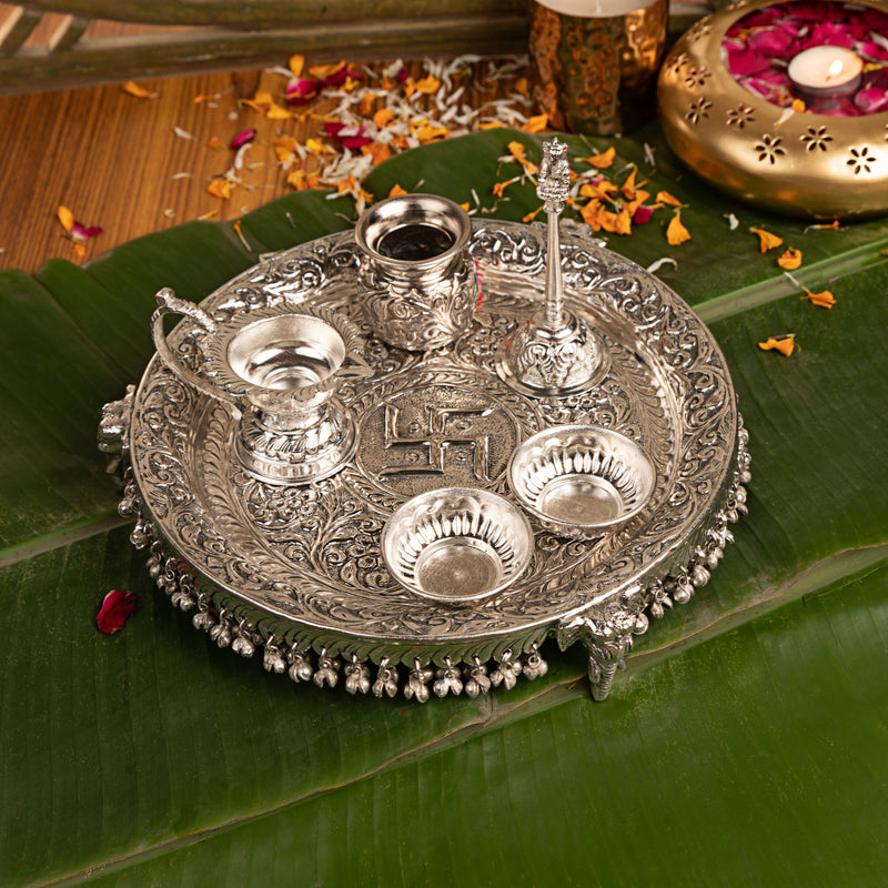 Intricately Designed Silver Pooja Thali Set with Elephant Trunk Shaped Stand