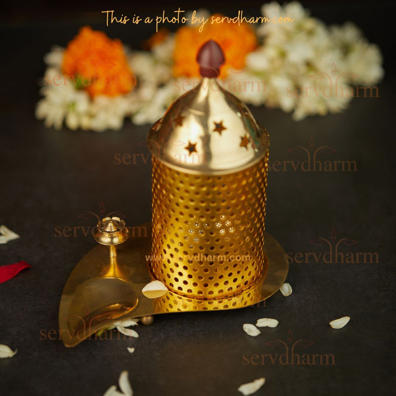 Leaf Shaped Gold Plated Brass Akhand Diya With Agarbatti Stand