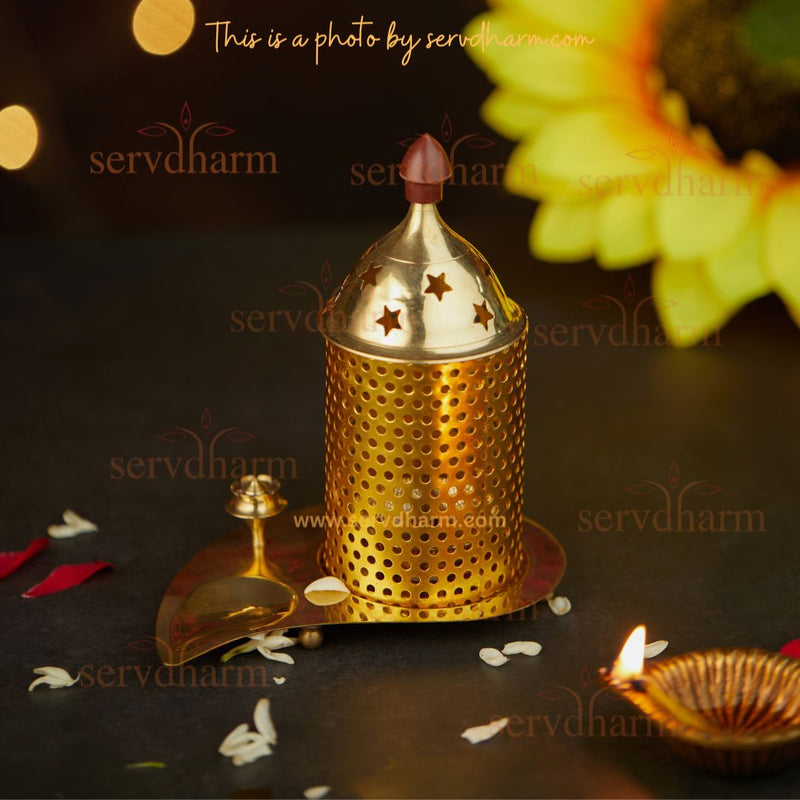Leaf Shaped Gold Plated Brass Akhand Diya With Agarbatti Stand