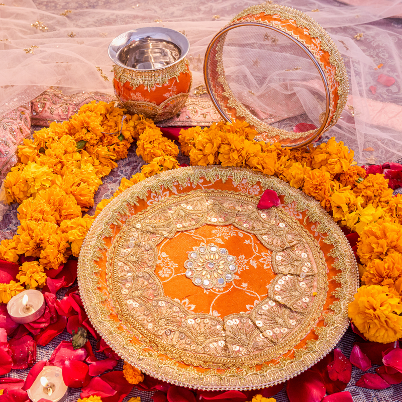 Orange Karwa Chauth Thali Set | Luxe Edition | Pack of 3