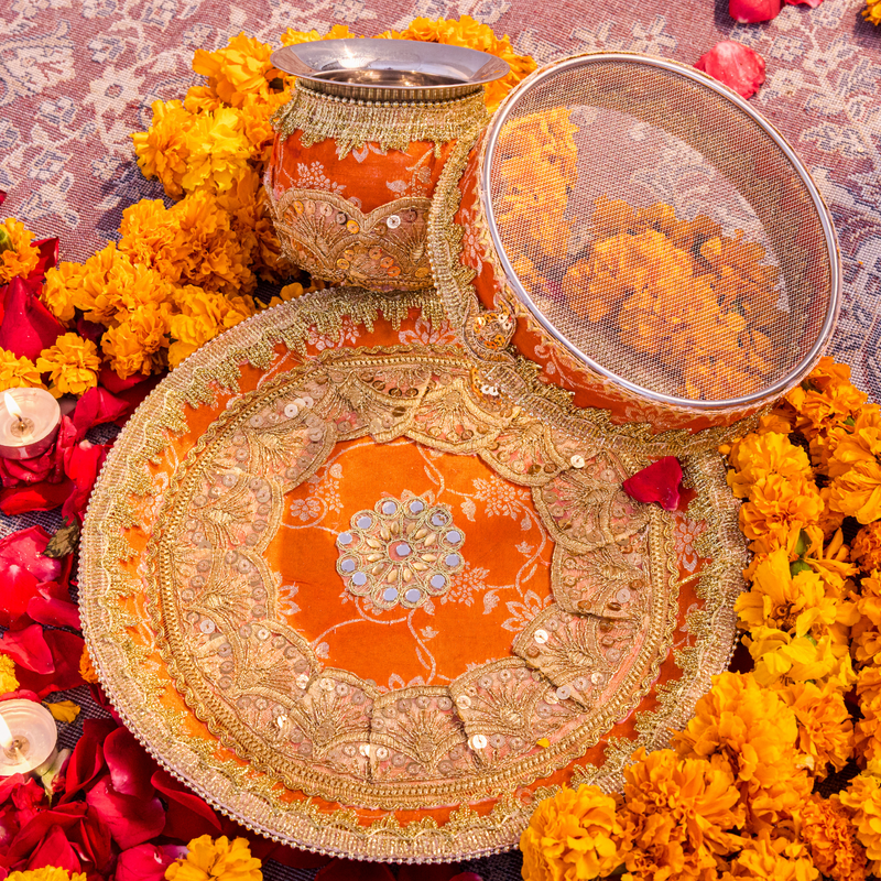 Orange Karwa Chauth Thali Set | Luxe Edition | Pack of 3