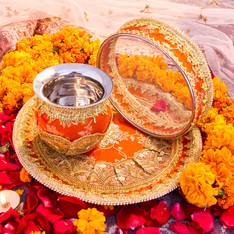 Orange Karwa Chauth Thali Set | Luxe Edition | Pack of 3