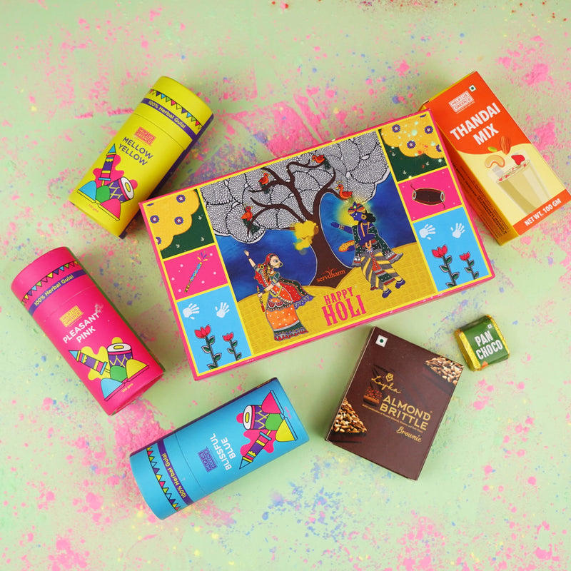 Paan Choco, Thandai Choco and Almond Brittle with Organic Gulaal - Madhubani Art Gift Box