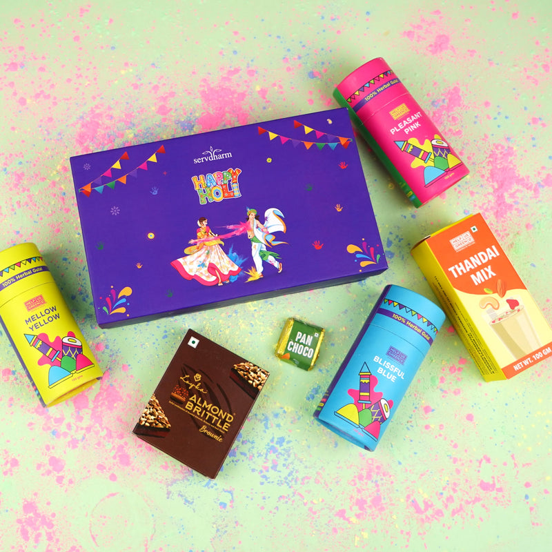 Paan Choco, Thandai Choco and Almond Brittle with Organic Gulaal - Purple Gift Box