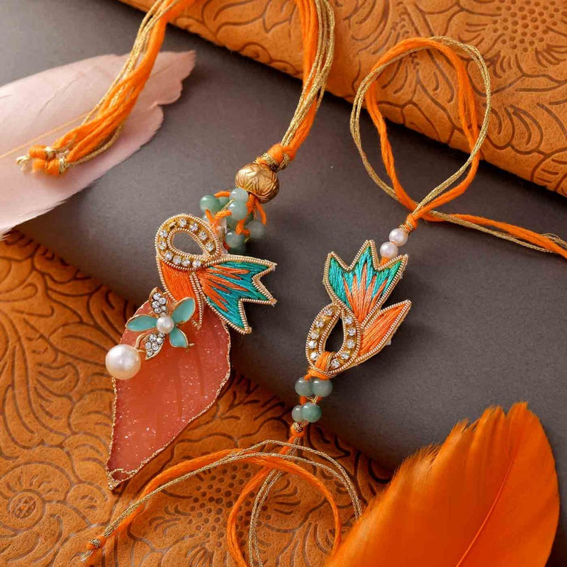 Peachy Leaf Thread Work Lumba Rakhi Combo