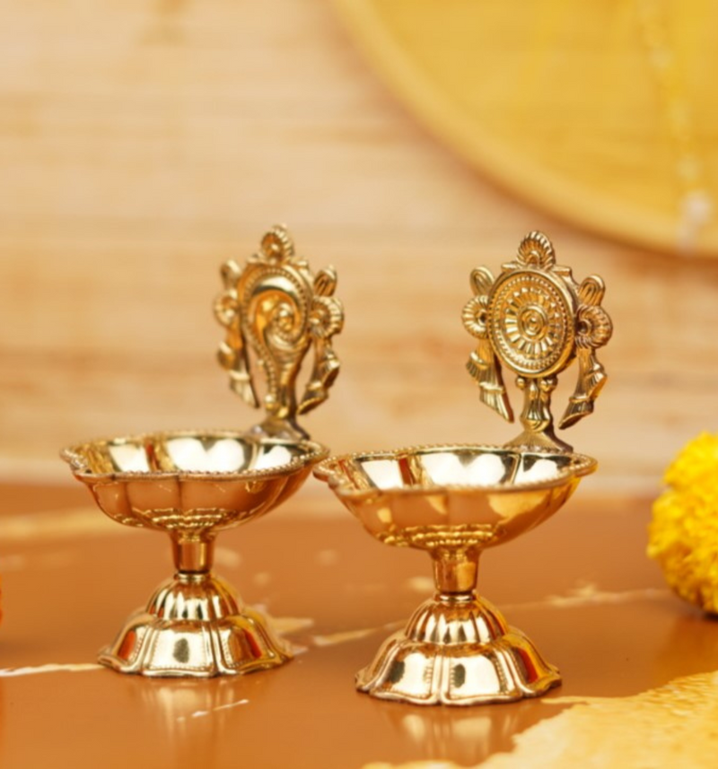 Pure Brass Shankh Chakra Diya (Set of 2) 3.5 Inch